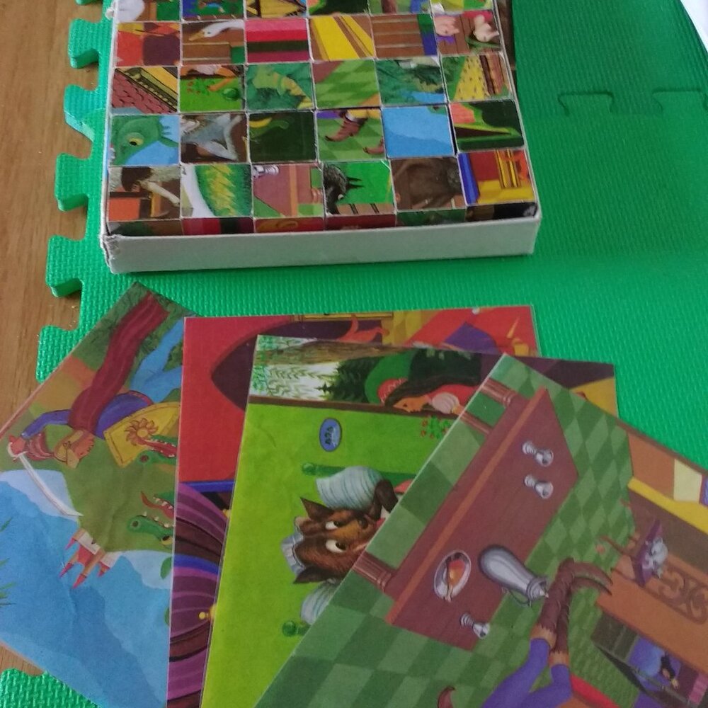 Fairy Tales "Contes Grimm" wooden Cube puzzle 6 different scenes Vintage